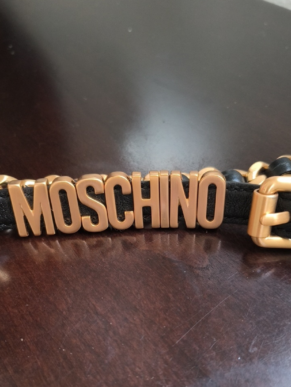 Moschino Black Leather Belt with Gold Lettering